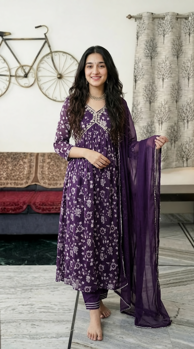 Royal Purple Embroidered Kurti Set with Dupatta – Stylish Ethnic Wear for Women